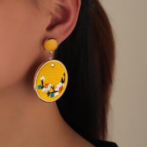 Flower Embroidery Round Drop Earrings